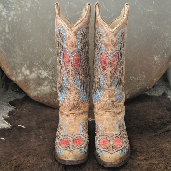 CORRAL A1976 wings & hearts distressed tan leather cowgirl boots snip toe sz 7 - Picture 12 of 16